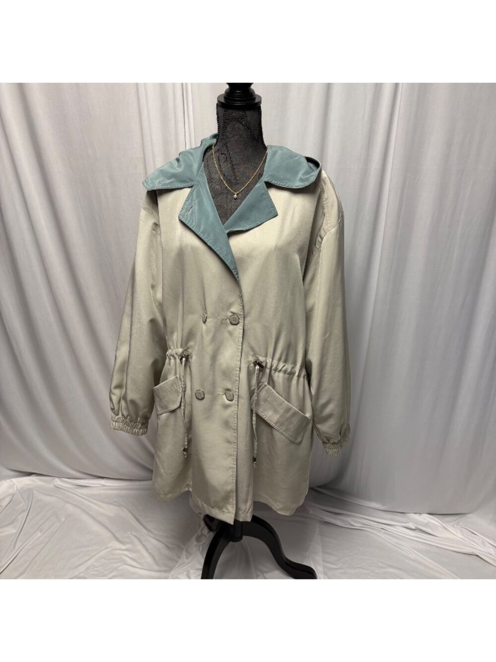 British Mist Trench Coat Womens Size Large Beige Green Hooded Lightweight Jacket